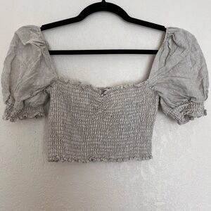 Reformation Scarlett Linen Smocked Puff Sleeve Crop Top in Oatmeal